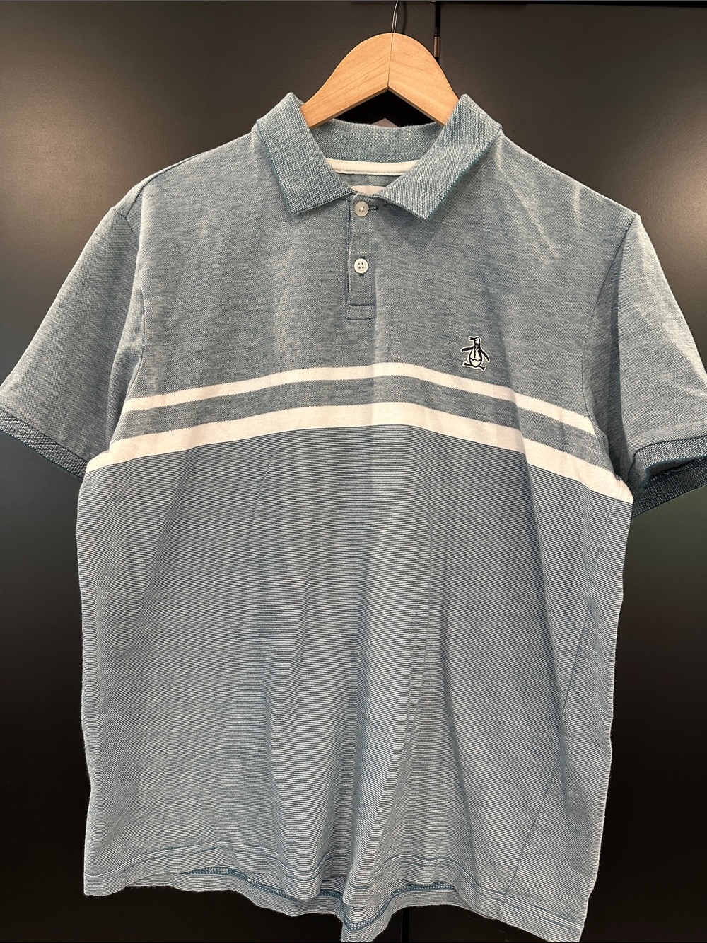 Original Penguin Mens Blue Striped Short Sleeve Polo Shirt Large Pique Knit Logo